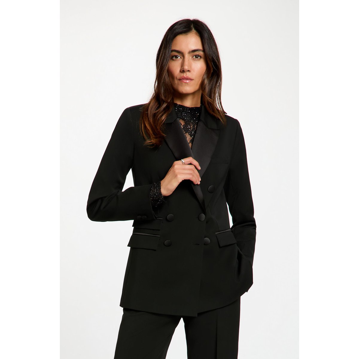 Veste satin col tailleur noir, MORGAN