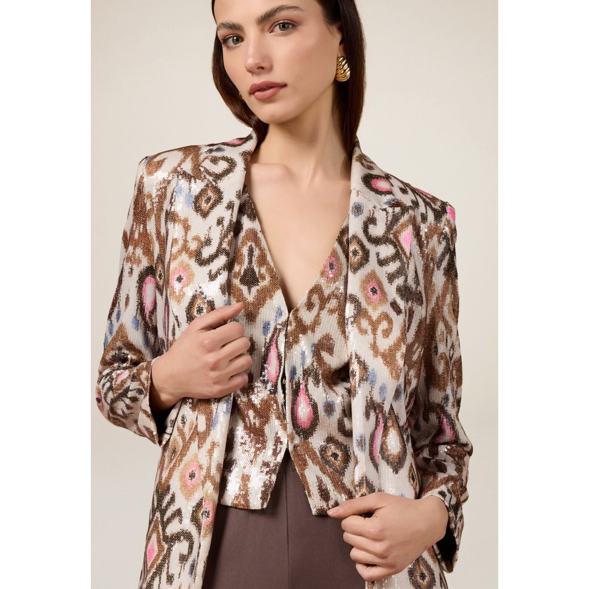 Gilet fantaisie à paillettes beige, OLTRE