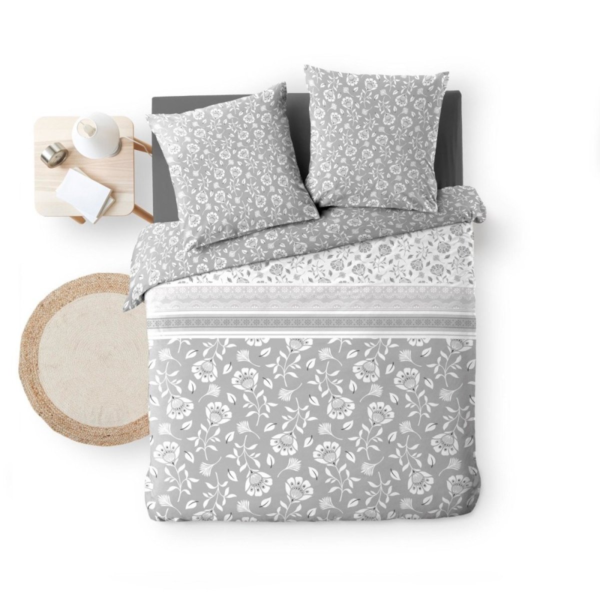 Housse de couette 240x220 + 2 taies FLAVIE 100% coton 57 fils gris, DECORATIE
