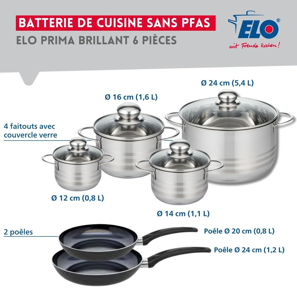 2 poêles 20/24cm + 4 faitouts 12/14/16/24cm PRIMA BRILLANT noir, ELO
