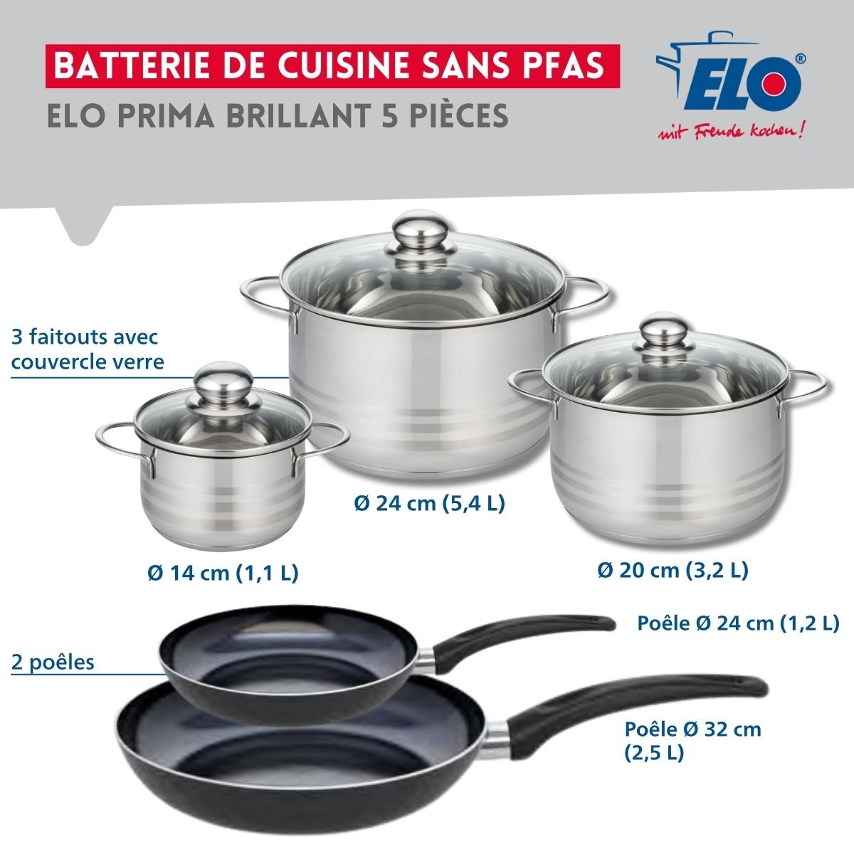 Batterie 2 poêles 24/32cm + 3 faitouts 14/20/24cm PRIMA BRILLANT noir, ELO