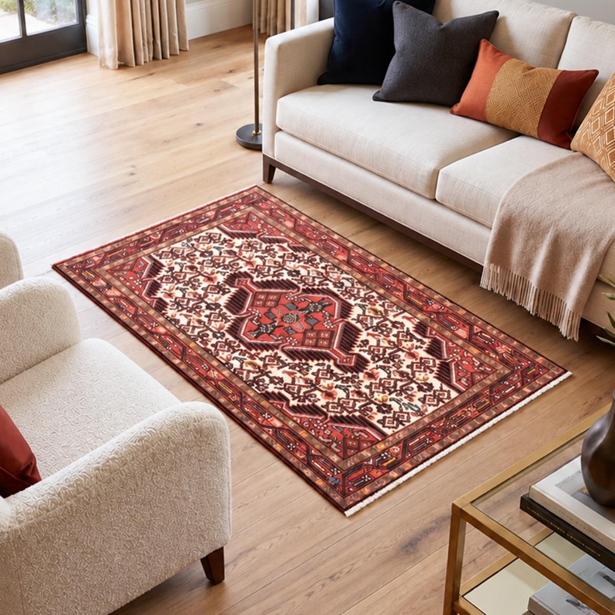 Tapis d'orient oriental, noué main, artisanal HAMADAN 40 rouge, crème, marron, UN AMOUR DE TAPIS