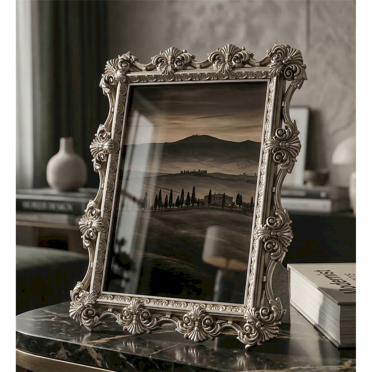Cadre photo baroque ornements sous verre GLAM argenté, RECOLLECTION
