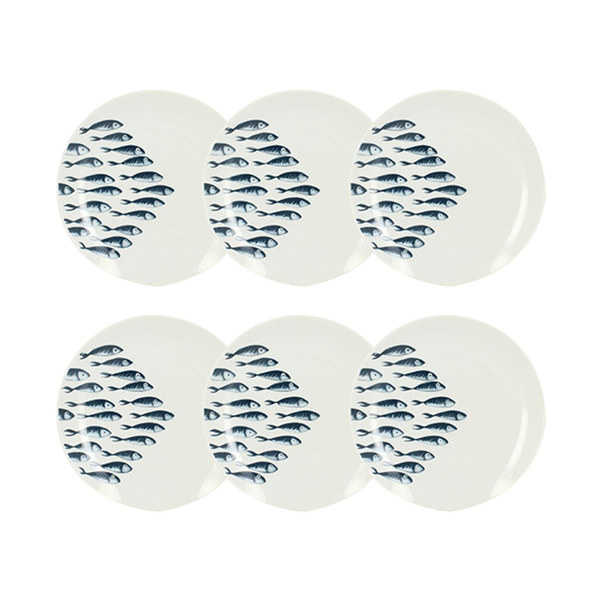 Lot de 6 assiettes à dessert en porcelaine 20cm, PESCARE blanc-bleu, NOVASTYL