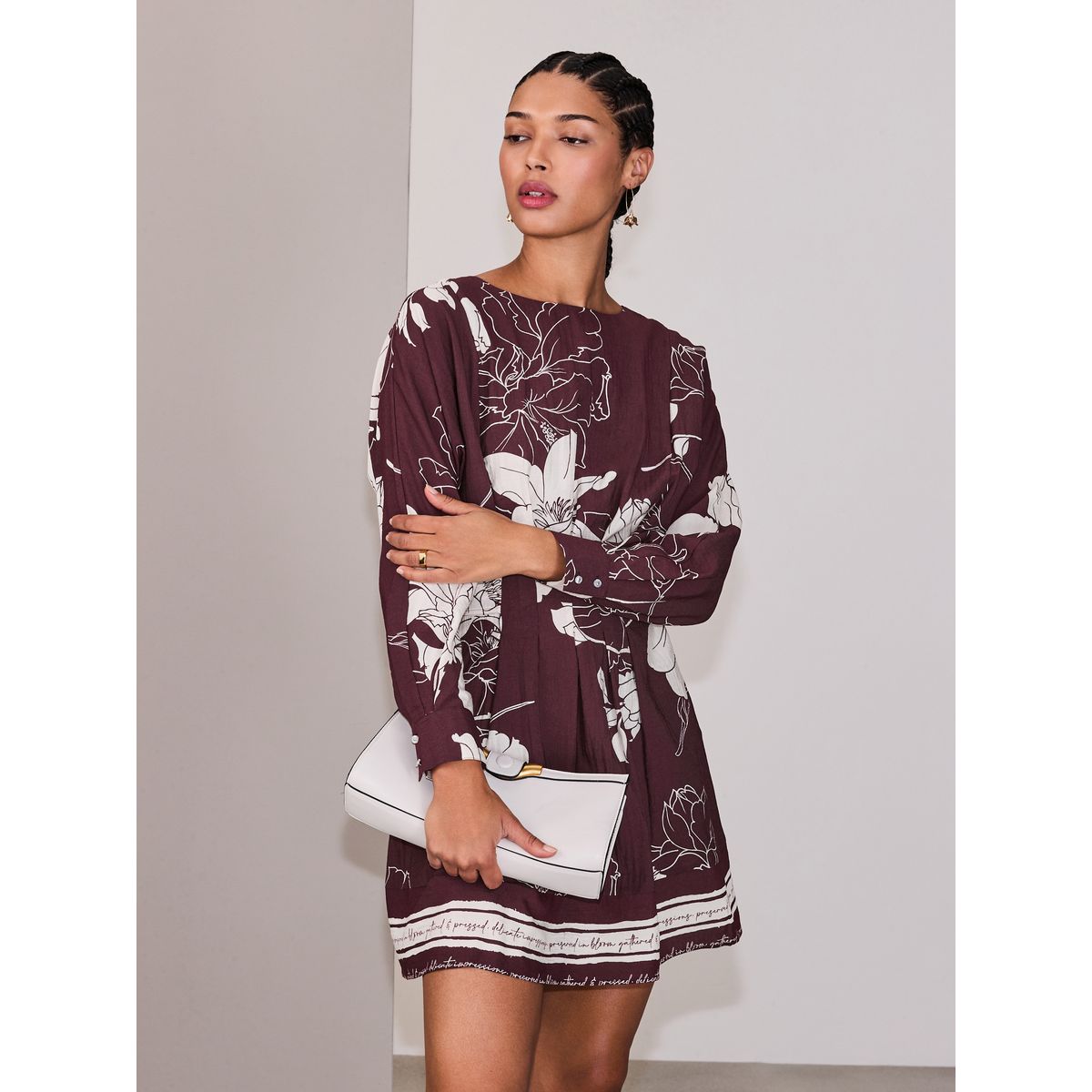 Mini robe cintrée à manches longues imprimé floral violet prune, NEXT