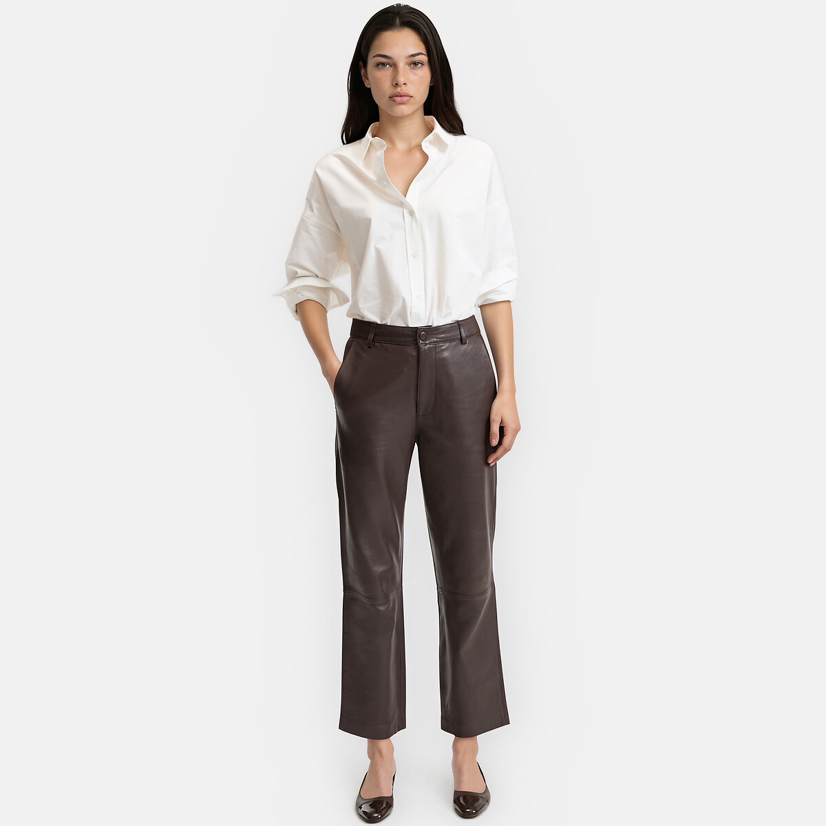Pantalón de pernera recta de piel, largo 7/8 marrón, LA REDOUTE COLLECTIONS