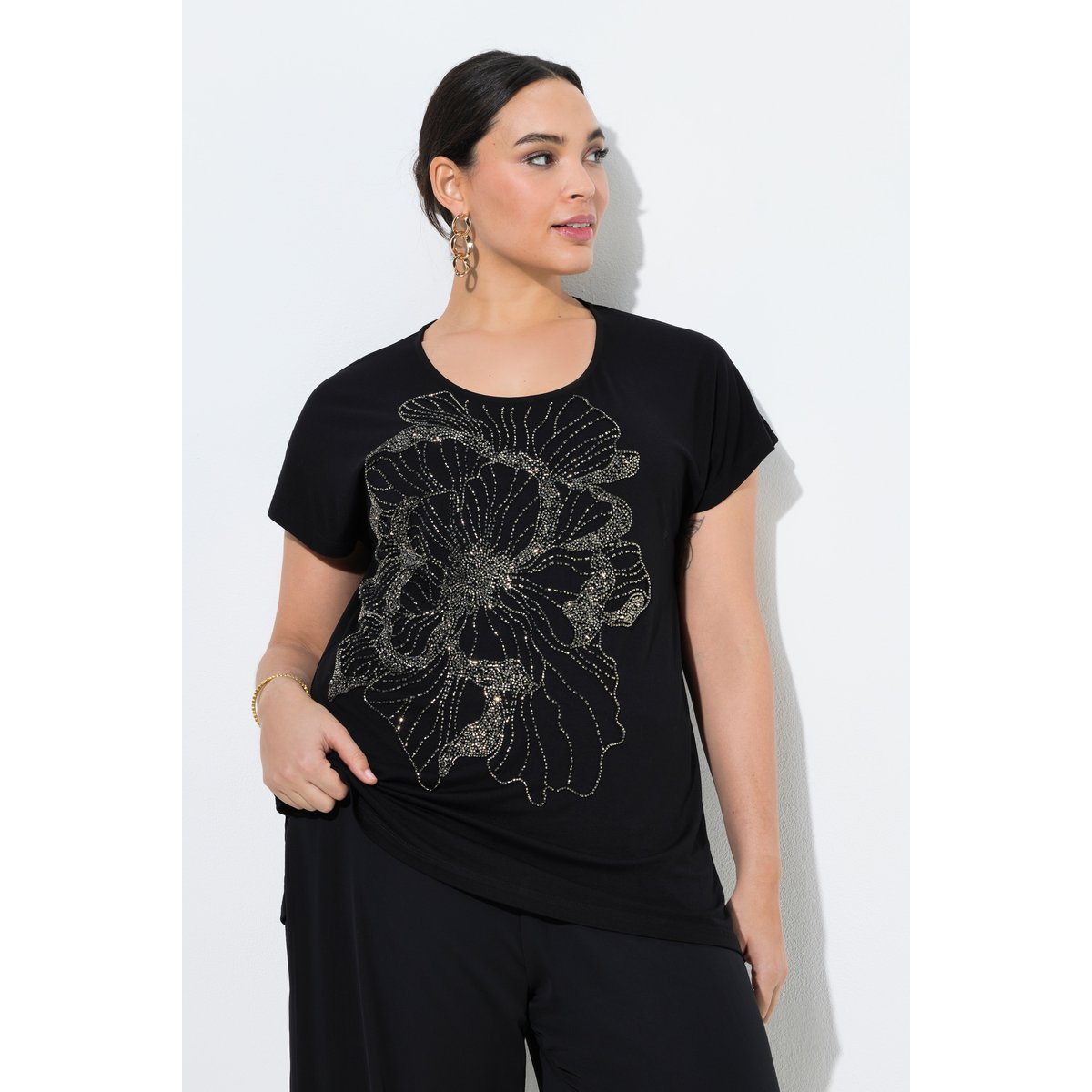 Blouse avec fleurs et petits strass noir, ULLA POPKEN