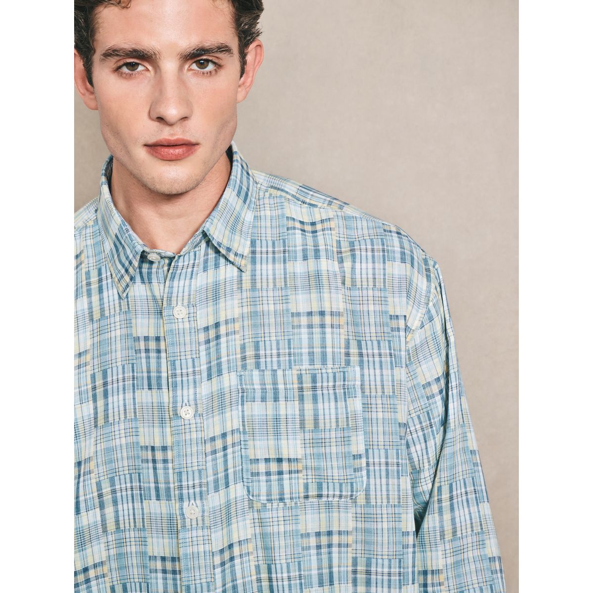 Chemise manches longues à carreaux patchwork bleu, NEXT