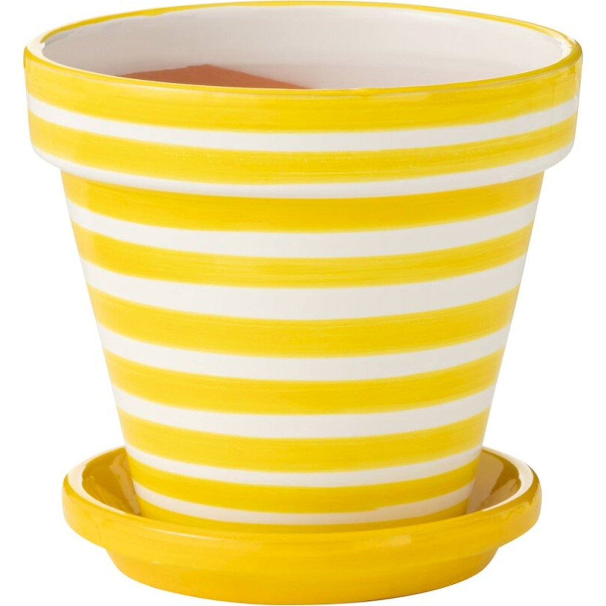 Cache-pot rayé en poterie peinte main jaune rayé blanc, RECOLLECTION