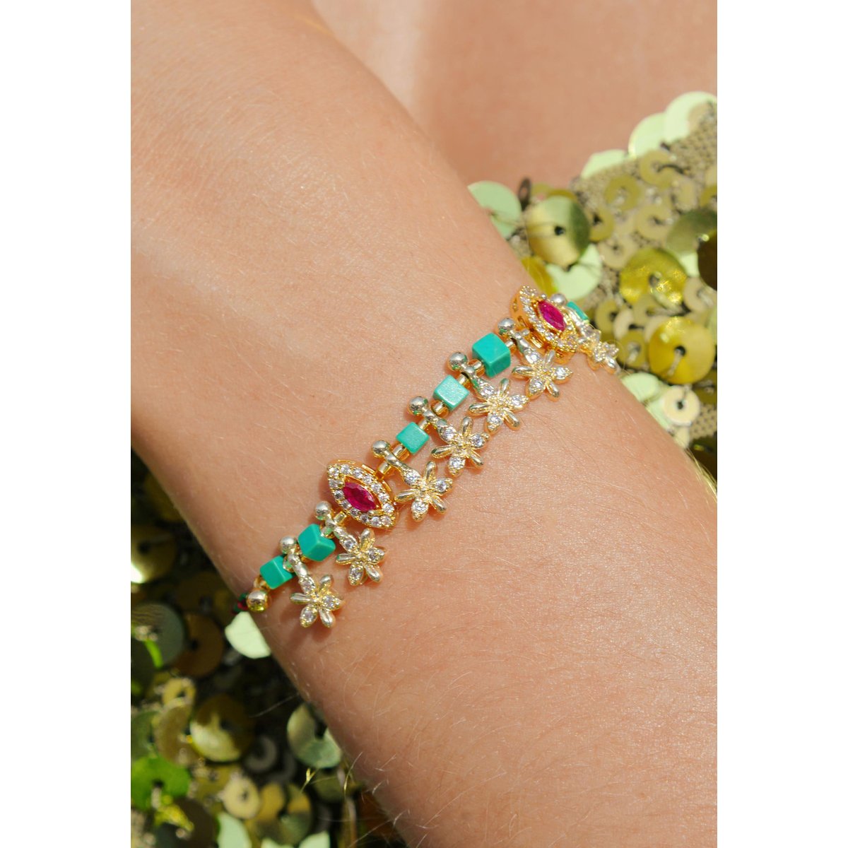Bracelet cordon avec perles et pampilles étoiles PIMPI emeraude, HIPANEMA