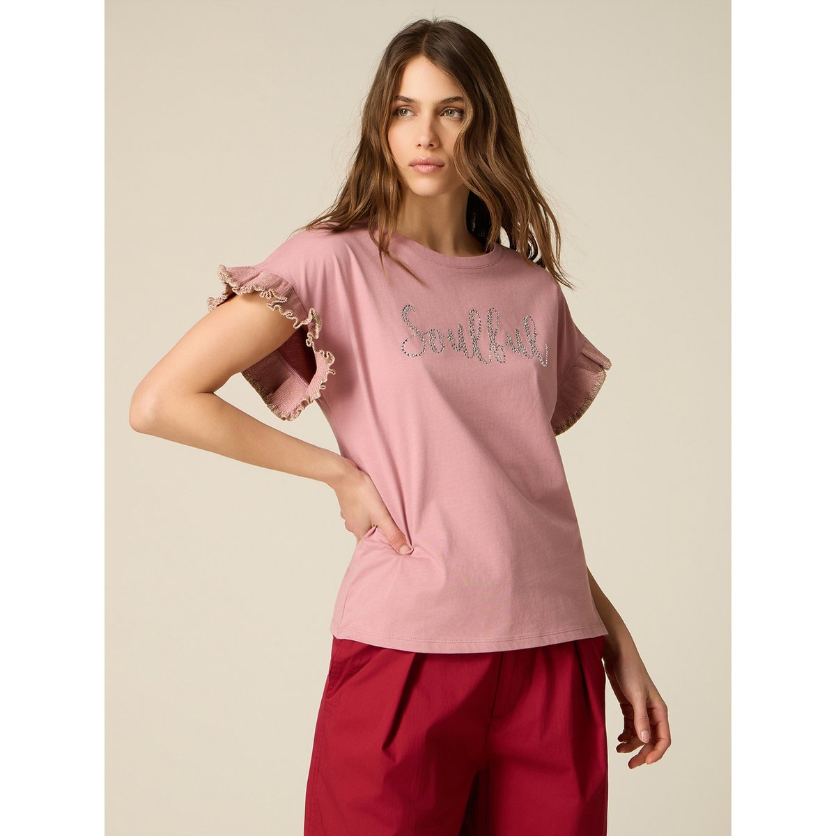 T-shirt avec cristaux et volants rose, OLTRE