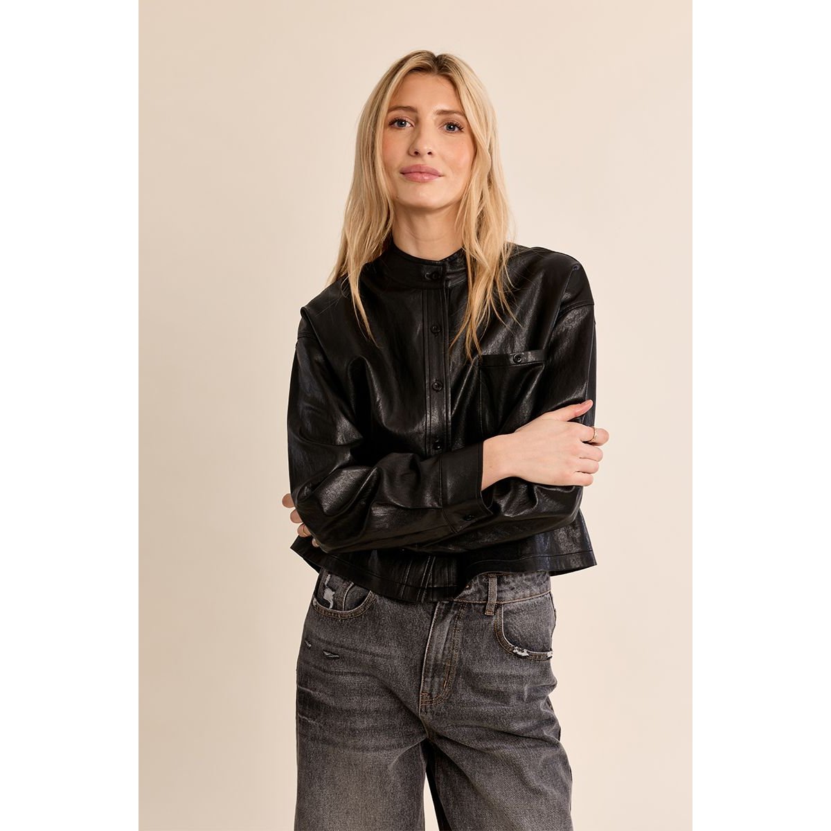Veste en simili-cuir courte noir, MOLLY BRACKEN