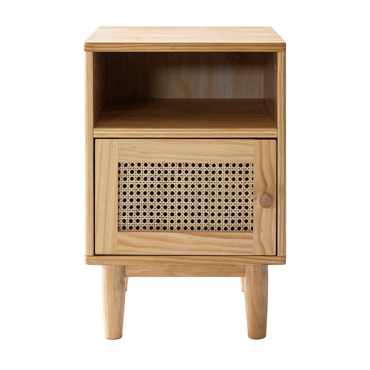 Lit en pin massif avec tête de lit et 2 chevets cannage - ANNA bois naturel, TERRE DE NUIT