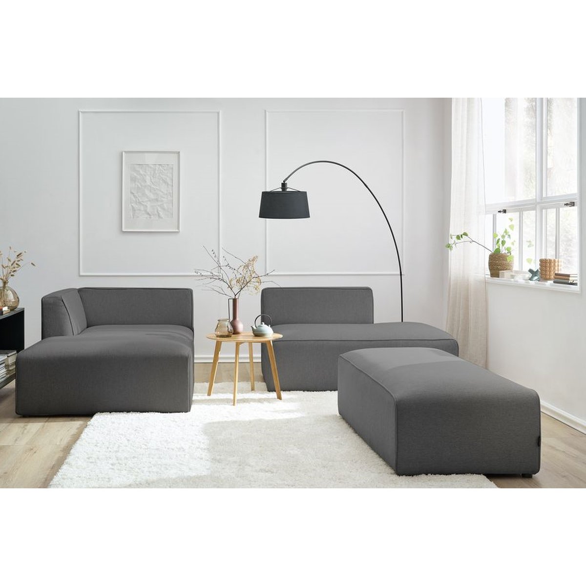 Canapé modulable 5 places en tissu chiné avec pouf, MEGEVE gris foncé, BOBOCHIC