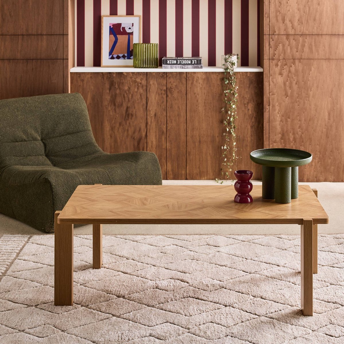 Table basse vintage rectangulaire décor bois plateau effet chevrons  ZALA naturel, SWEEEK