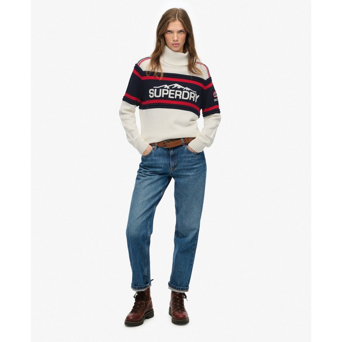 Pull à col roulé Après-Ski rayures multicolores écru poudré, SUPERDRY