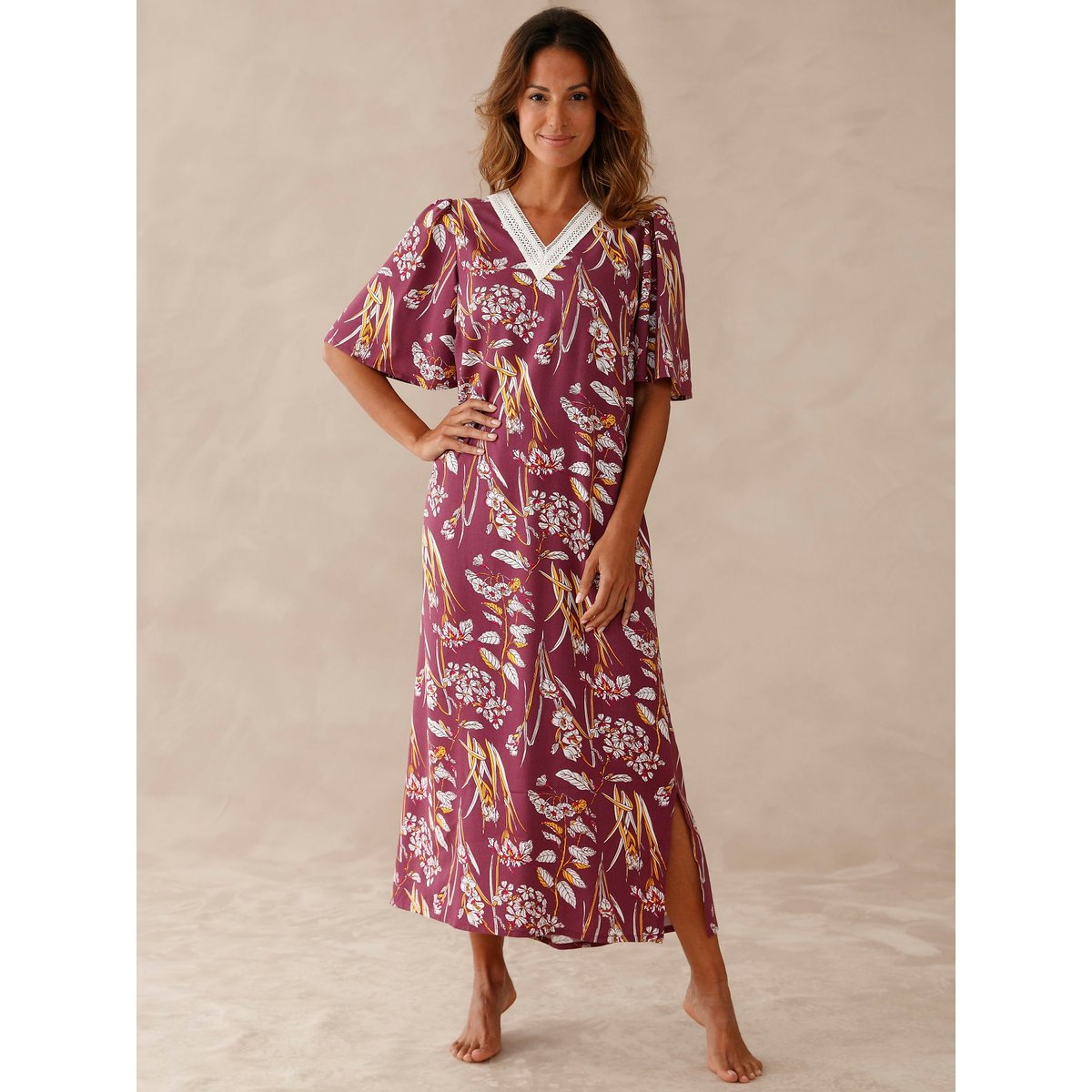 Robe d'hôtesse brodée fluide imprimé violet, DAXON