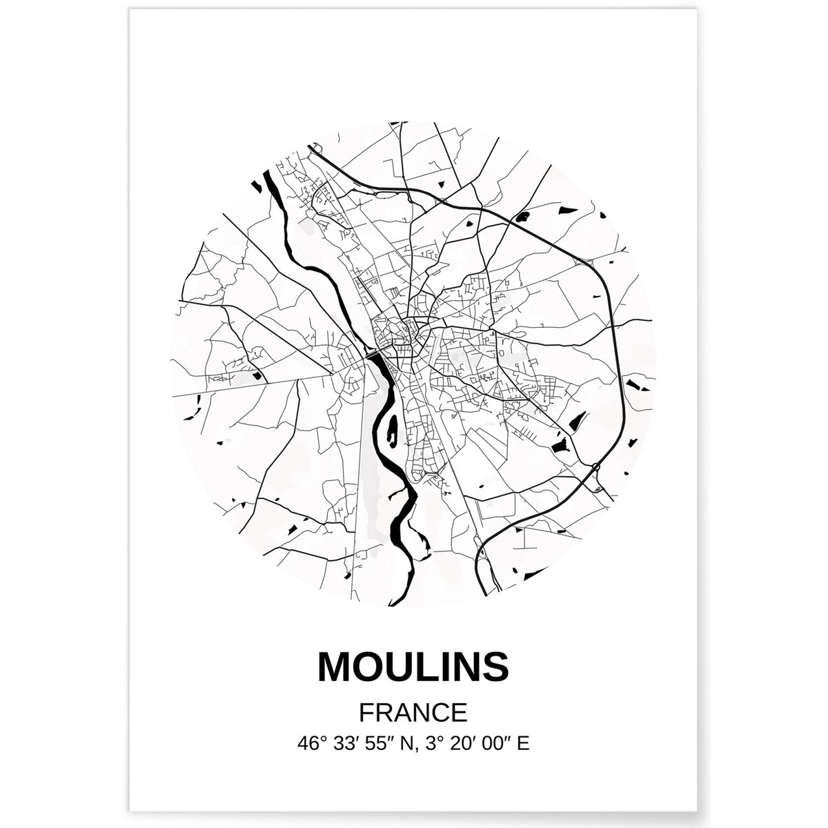 Affiche Carte Moulins blanc, L'AFFICHERIE