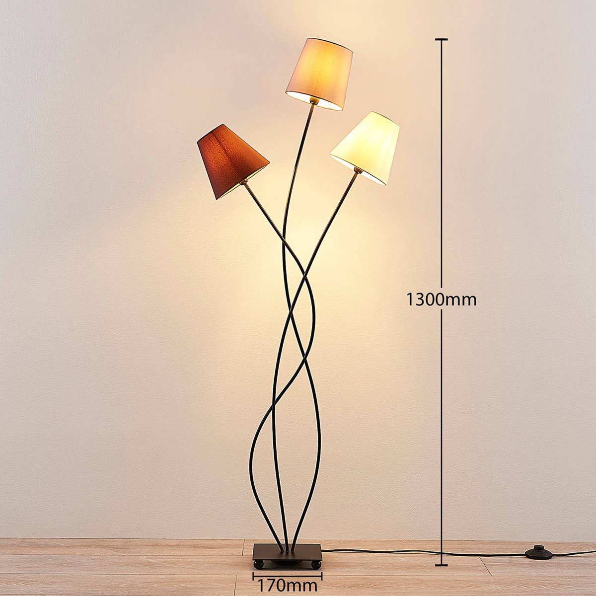 Lampadaire en textile moderne, Melis marron, gris, crème, noir, LINDBY