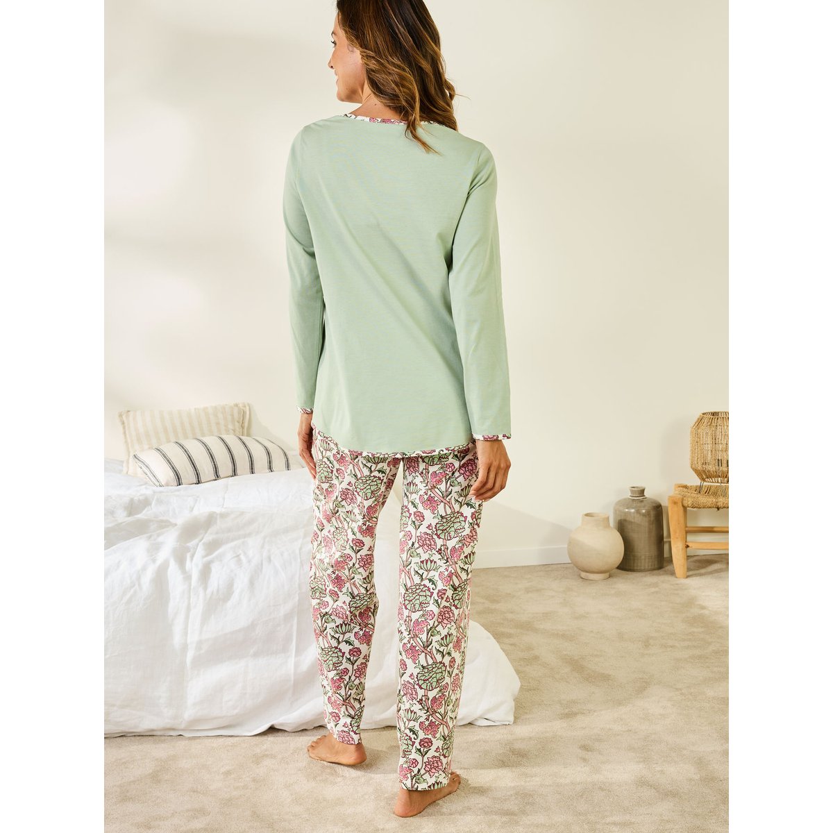 Pyjama femme maille pur coton imprimé vert, DAXON