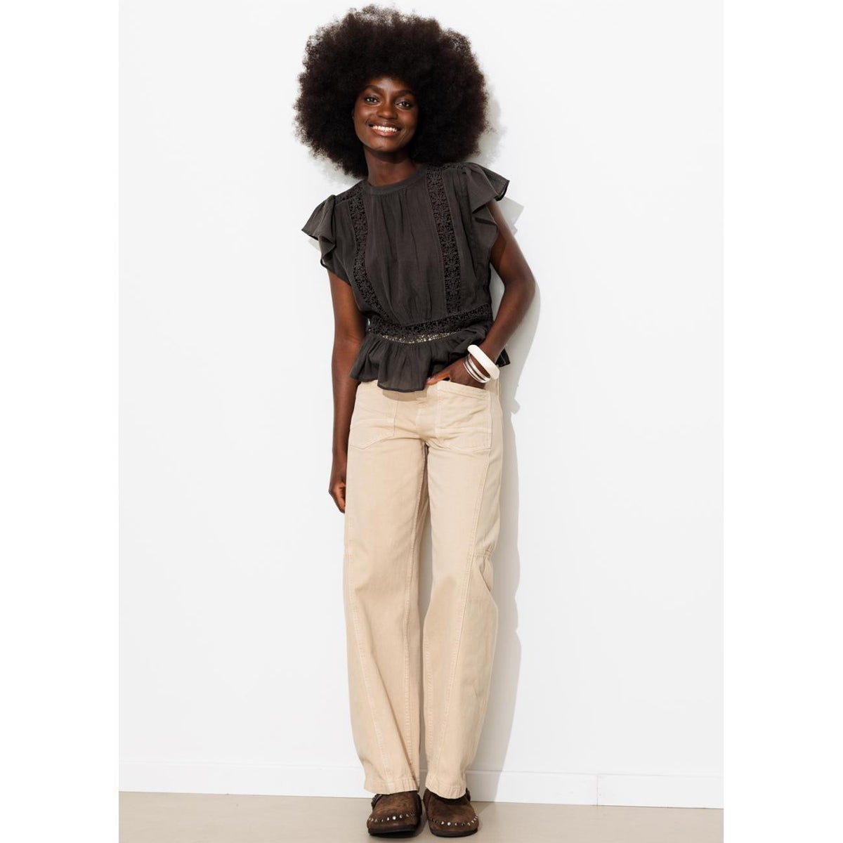 Blouse en cotonnade & guipures gris, PROMOD