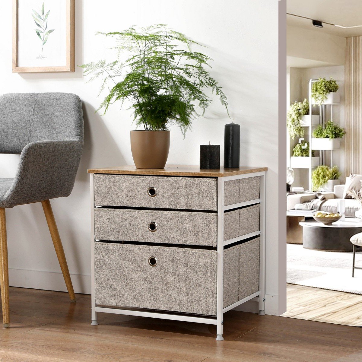 Commode 3 tiroirs en intissé clair - L48 cm blanc, CALICOSY