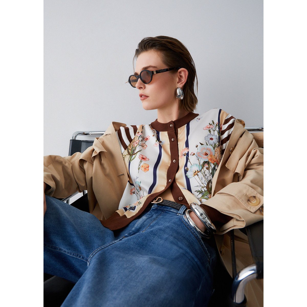 Cardigan avec empiècement en sergé imprimé marron et blanc, LIU JO