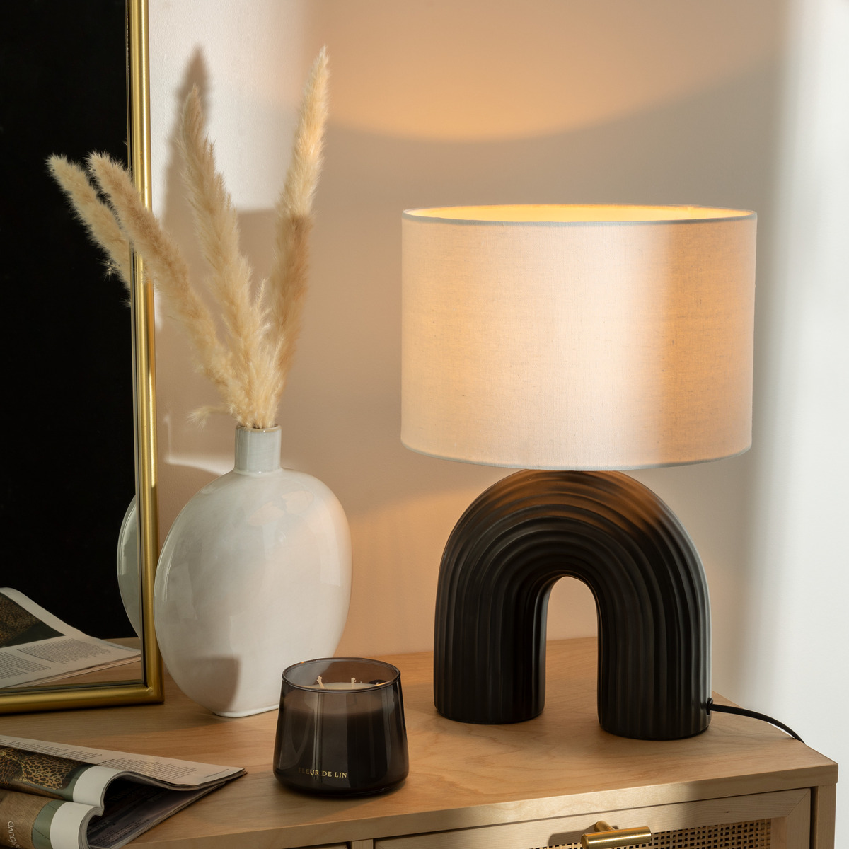 Lampe à poser en grès abat-jour en lin EIDEL noir et blanc, ATMOSPHERA