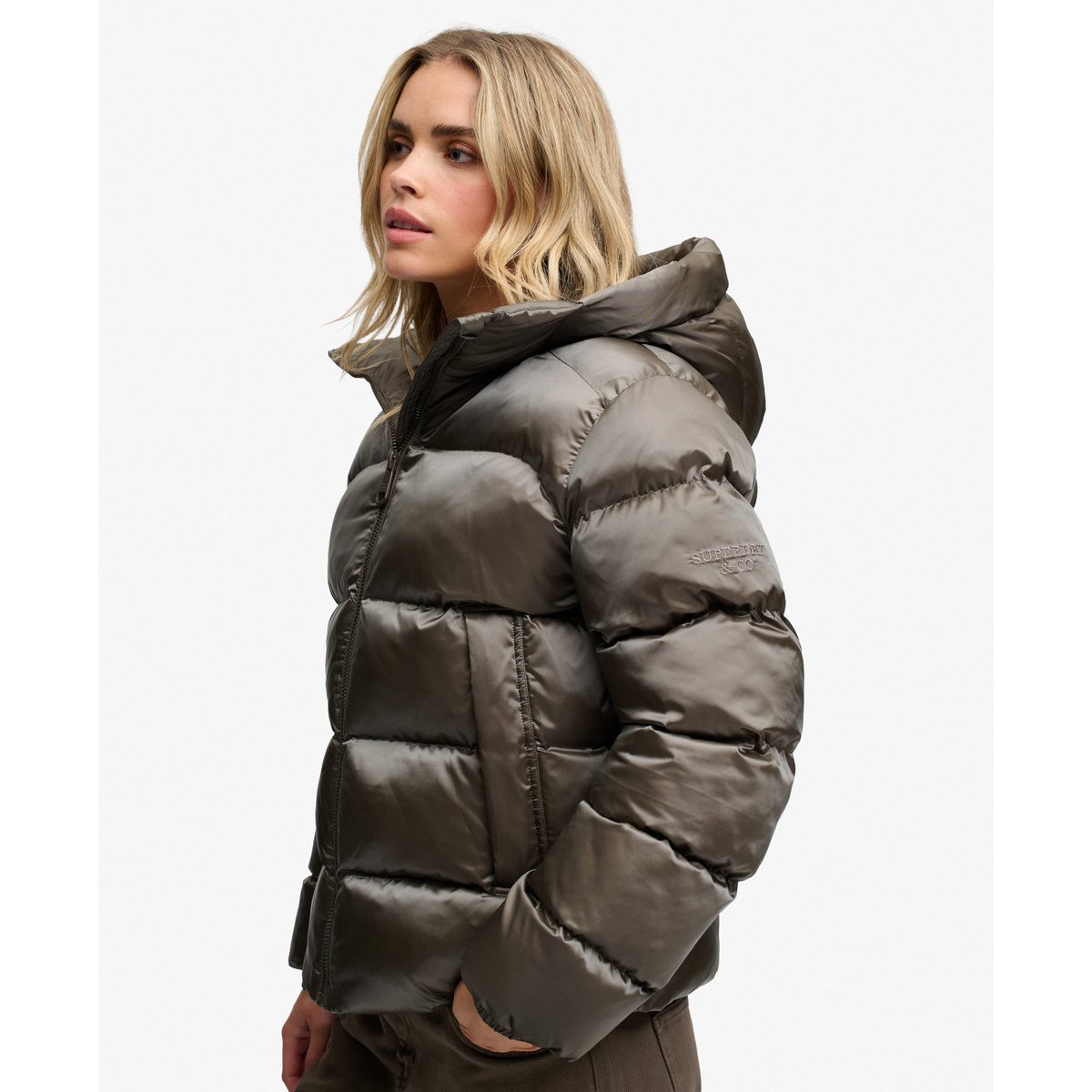 Doudoune à Capuche Brillante Coupe Ajustée kaki foncé, SUPERDRY