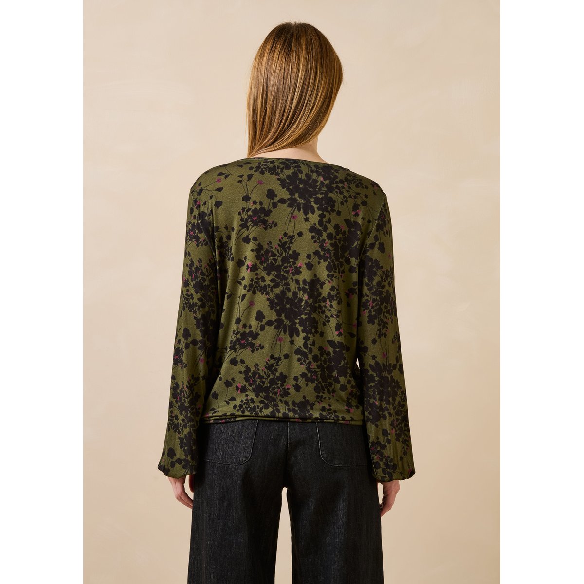 T-shirt manches longues fleuri col bateau dark kaki, LA FEE MARABOUTEE