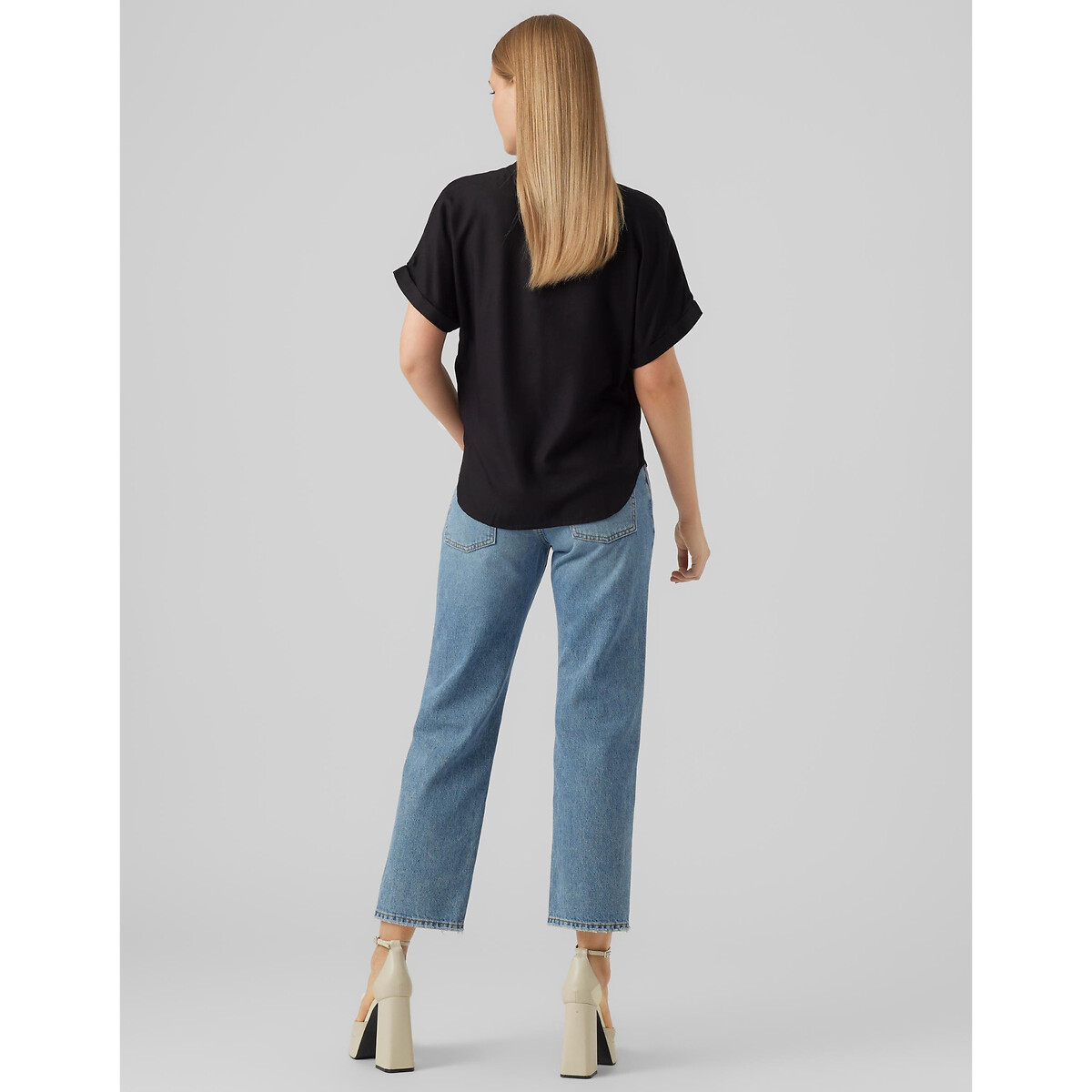Blusa scollo a V, maniche corte nero , VERO MODA