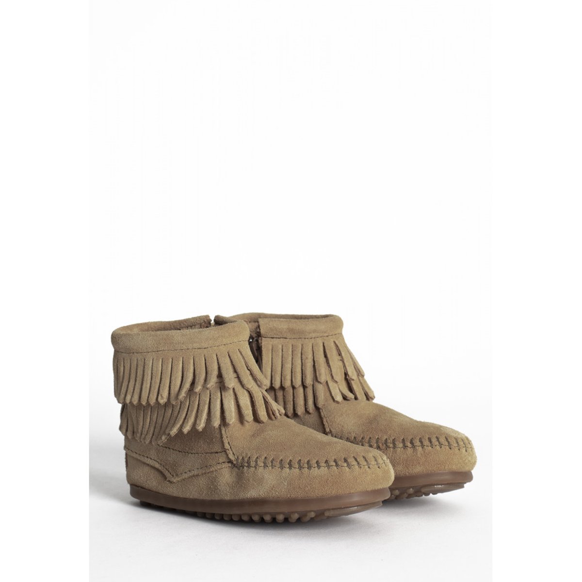 Bottines hautes en daim 2 FRINGE SIDE ZIP marron clair, MINNETONKA