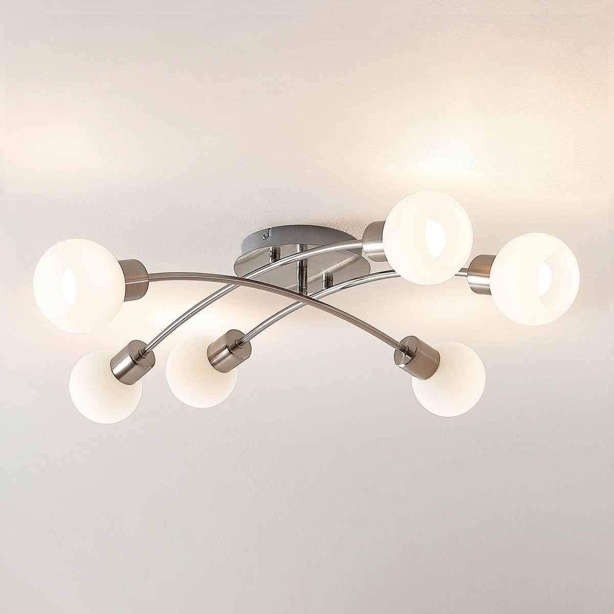Plafonnier en métal moderne, Agmar nickel satiné, blanc, LINDBY