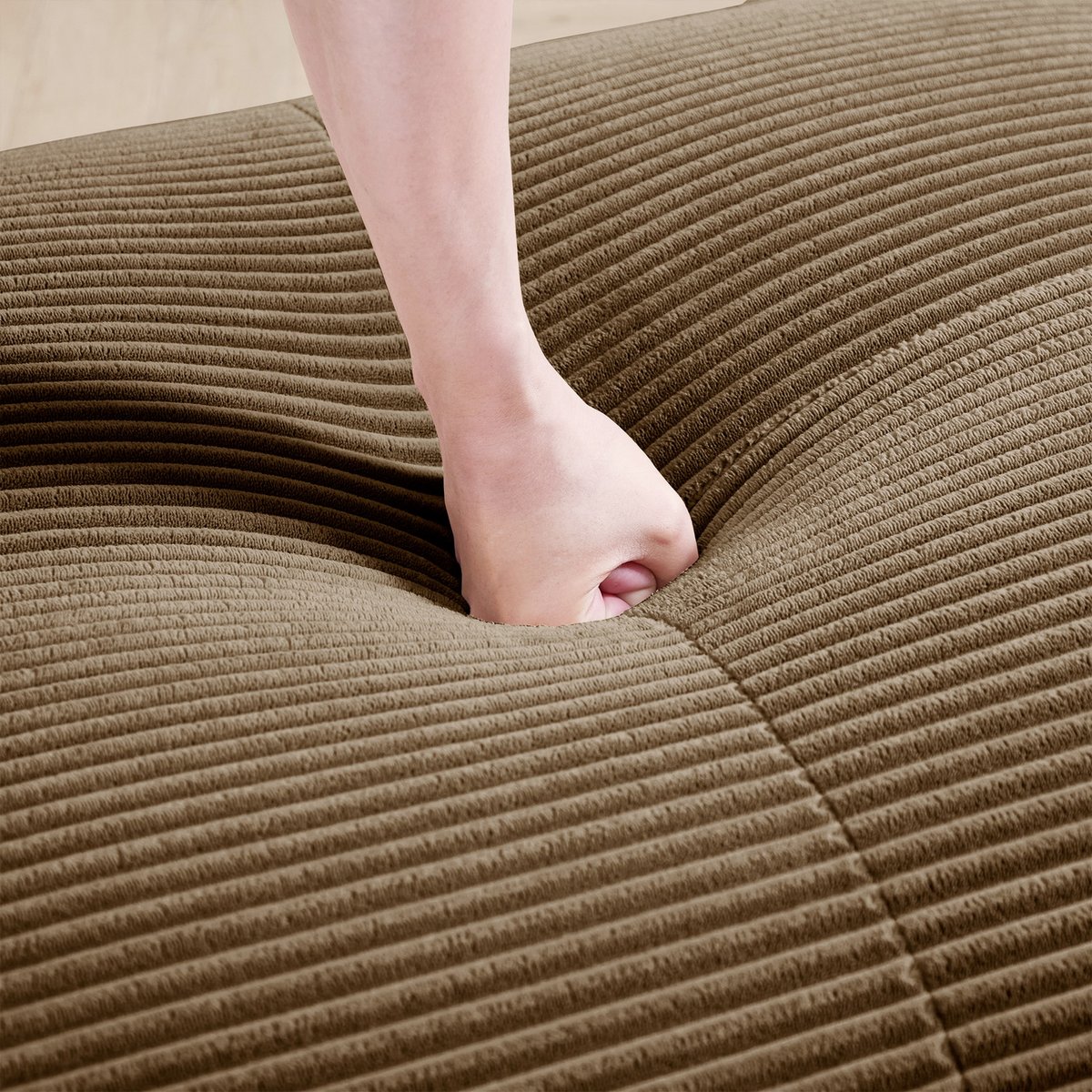 Canapé d'angle réversible 2 places avec pouf en velours côtelé, SNOW marron, MEUBLES COSY