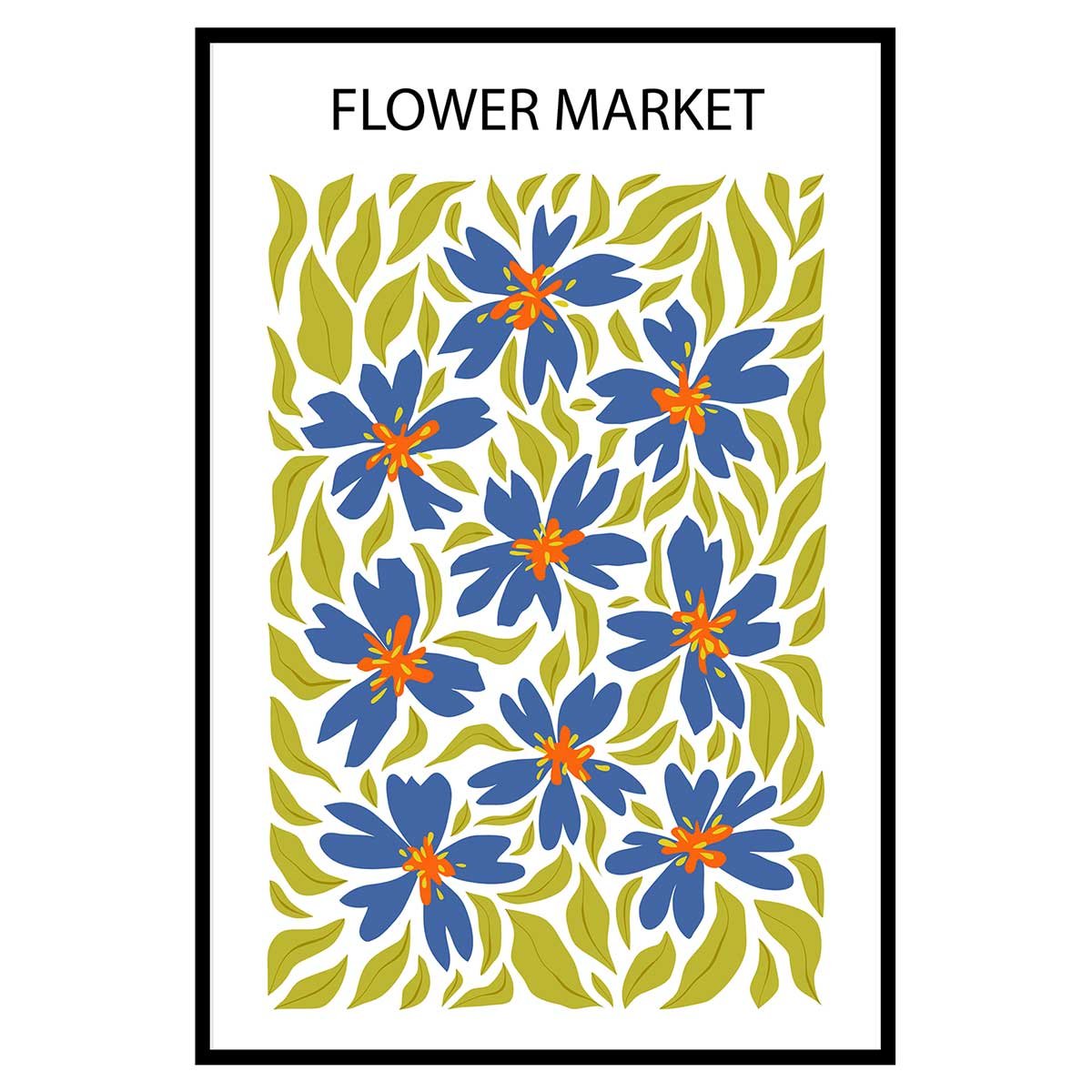 Affiche encadrée fleurs bleues décoratives affiche + cadre en métal - noir, HEXOA