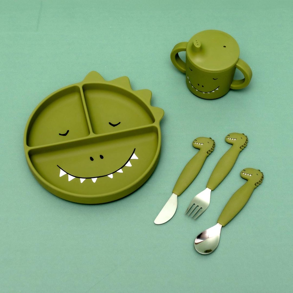 Set de couverts en silicone Mr. Dino rose, noir, TRIXIE