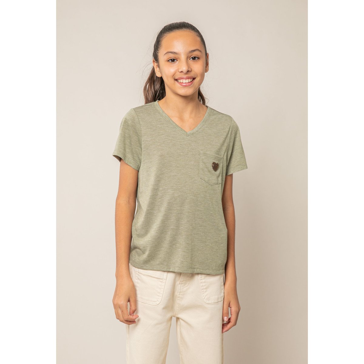 T-shirt fille fluide KELLIE light khaki mel, DEELUXE