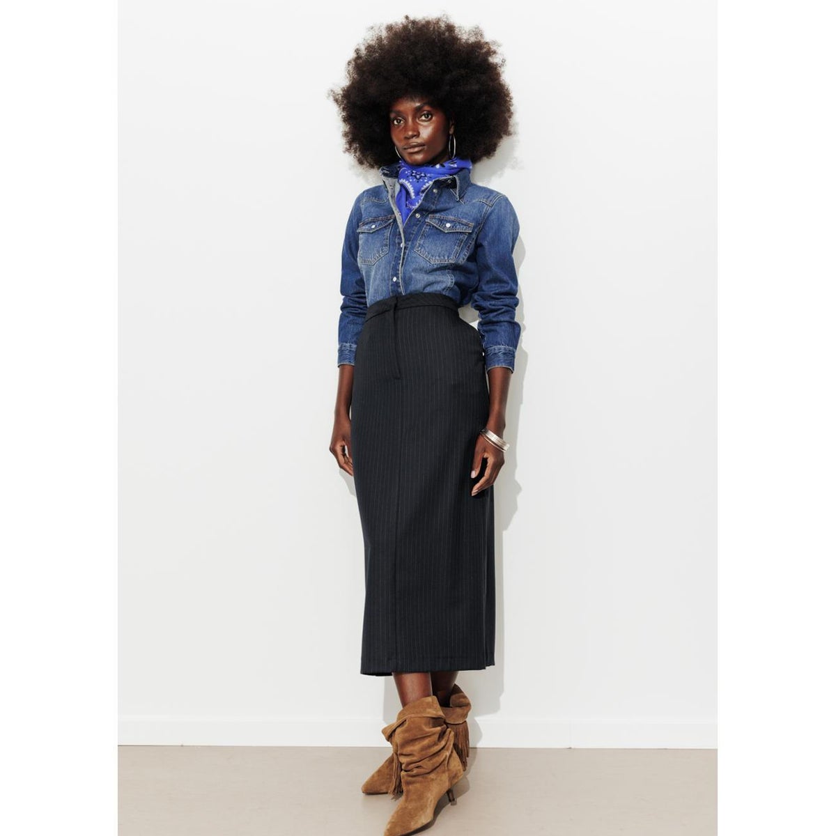 Jupe midi crayon rayée rayé marine, PROMOD