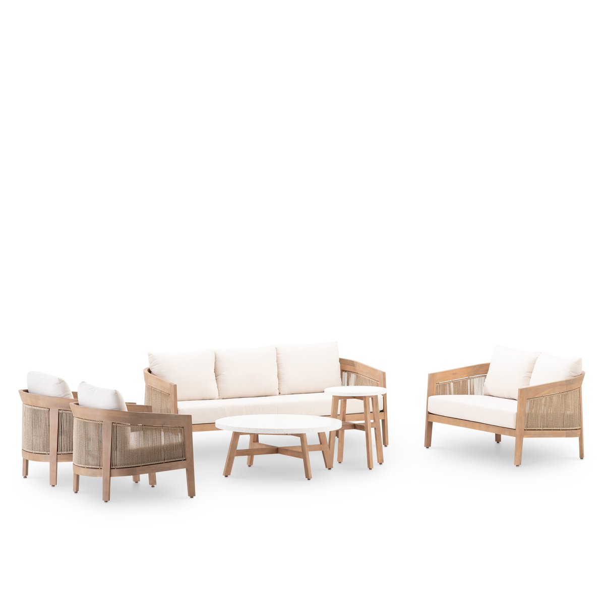 Salon de jardin 7 places, 2 tables, PADUA bois claire, corde beige, coussin écru, DEFORA HOME