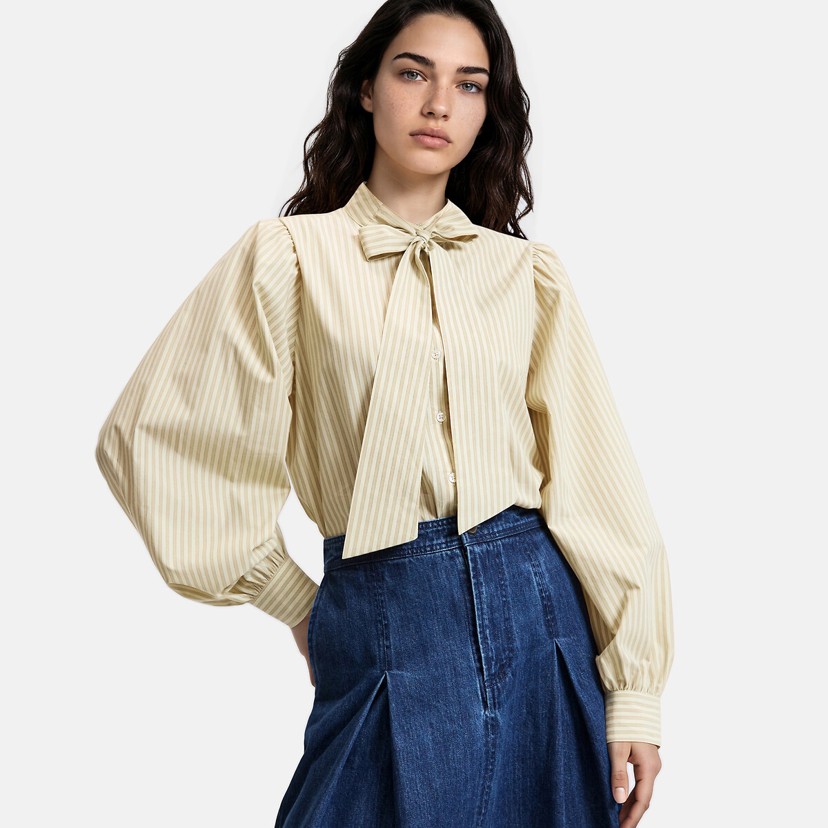 Chemise lavallière à rayures manches bouffantes rayé beige/marron, LA REDOUTE COLLECTIONS