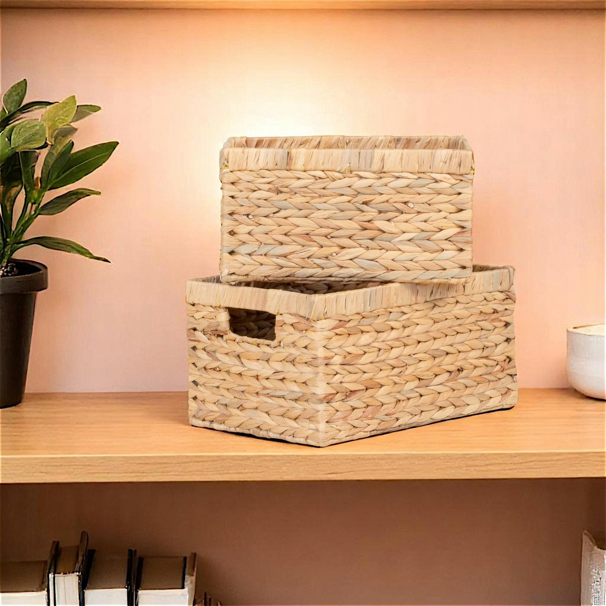 Panier de rangement déco en jacinthe d'eau avec poignées (lot de 2) beige, PIER IMPORT