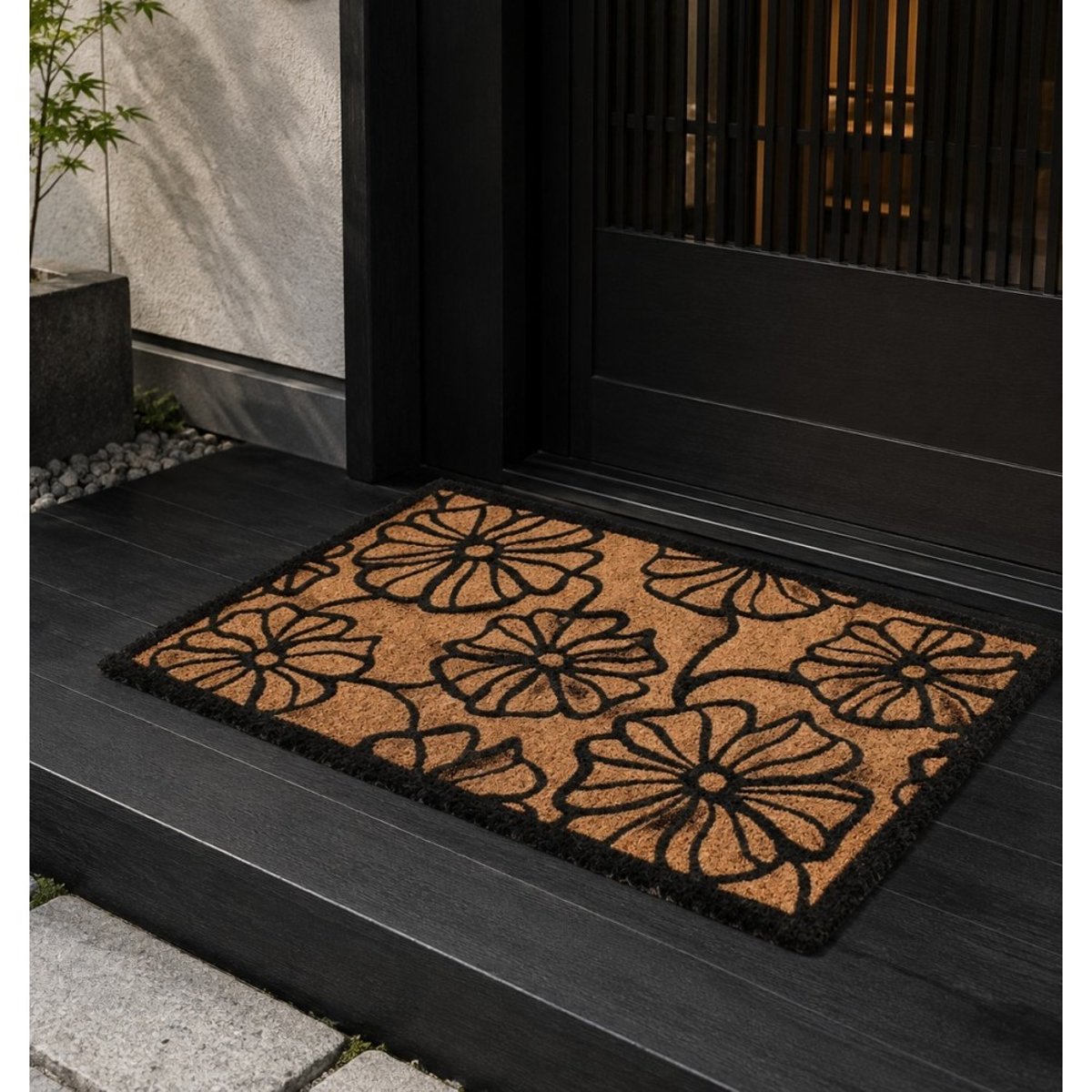 Paillasson coco imprimé grandes fleurs 40x60cm marron, ORNAMI