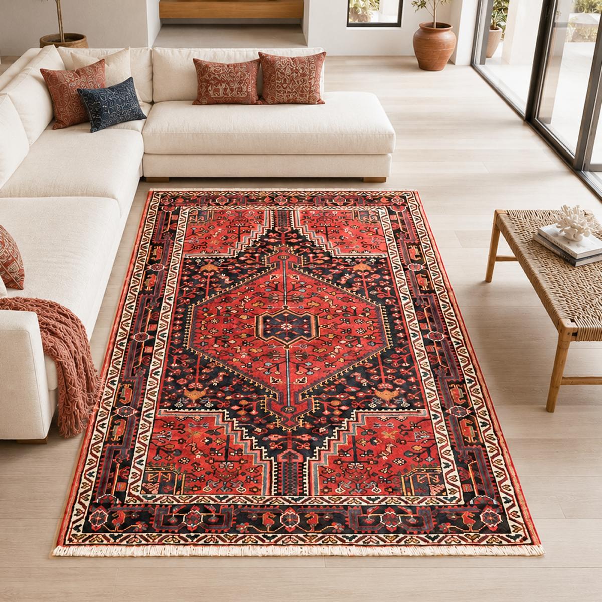 Tapis d'orient oriental, noué main en laine, HAMADAN 23 rouge, beige, noir, UN AMOUR DE TAPIS