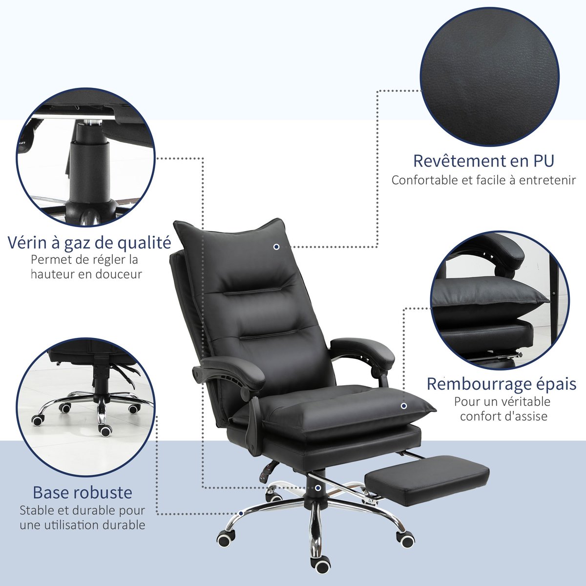 Chaise de bureau PU Noir noir, HOMCOM