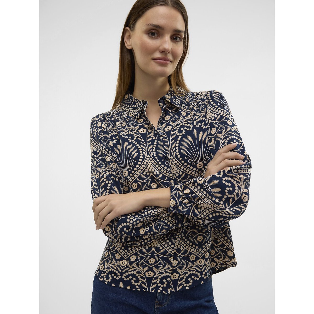Printed Shirt with Round Collar navy/ecru, VERO MODA