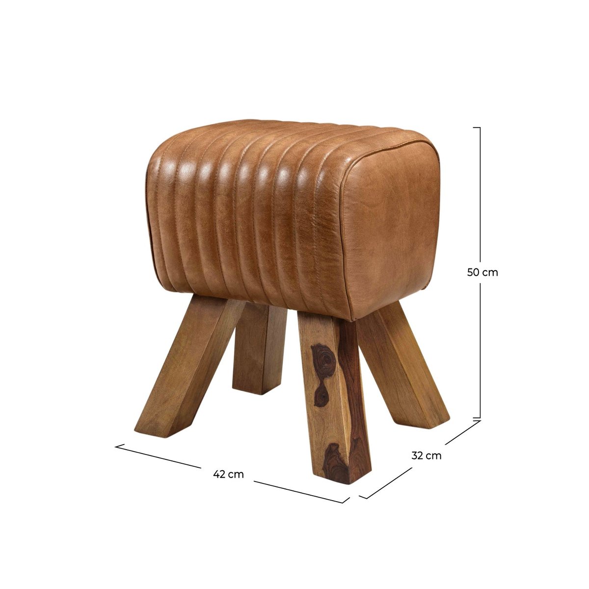 Tabouret en cuir de manguier - MORENA marron vieilli et pieds bois, MAISON PAVANE