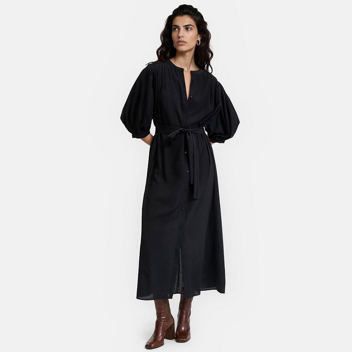 Robe midi, à manches bouffantes, en viscose noir, LA REDOUTE COLLECTIONS