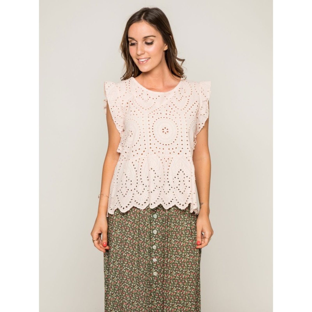 Top Col Rond Broderies Anglaises Foue rose, DONA LISA