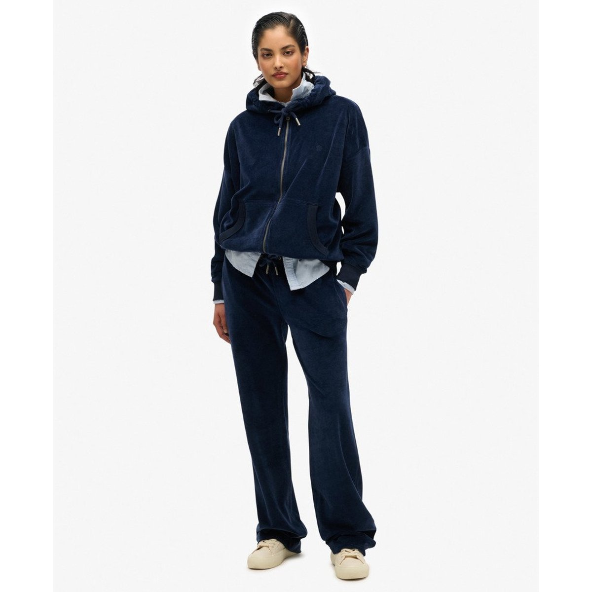Sweat à capuche zippé en velours bleu marine profond, SUPERDRY