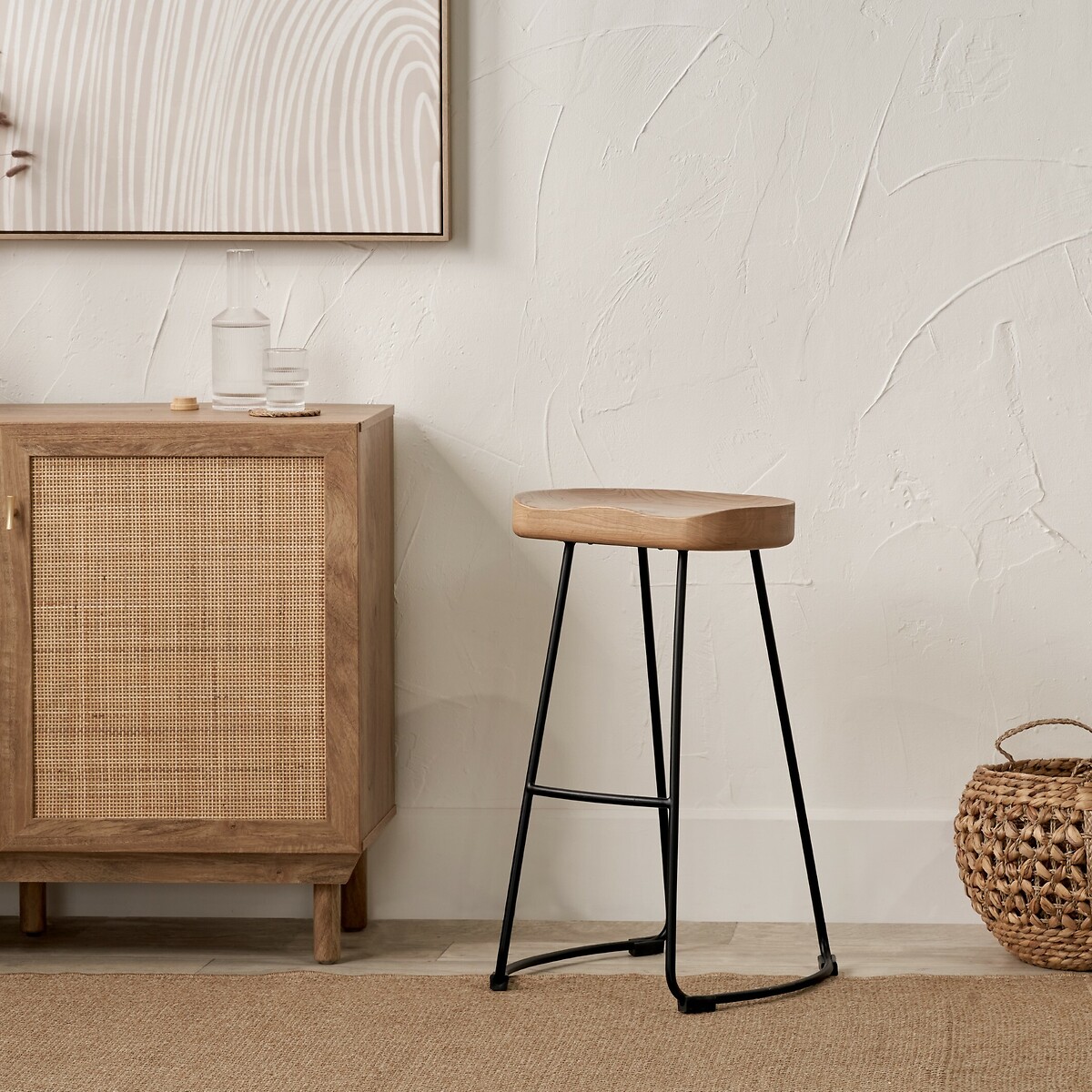 Lorian Ash Wood and Metal Ergonomic Bar Stool natural/black, ÉDITÉ